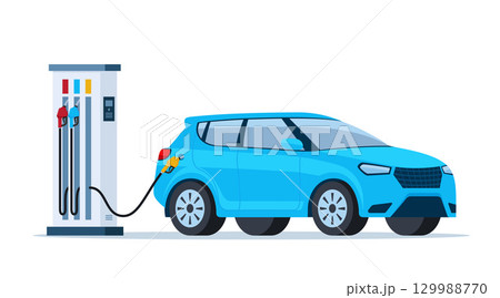 Car refilling fuel at the gas station. Petrol gasoline pump fuel transportation oil refuel biofuel automobile, splendid. Vector illustration. 129988770