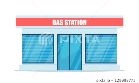 Facade of building of petrol, gas or filling station isolated on white background. Facility selling fuel or gasoline equipped with petroleum pumps. Colorful vector illustration in flat style. 129988773