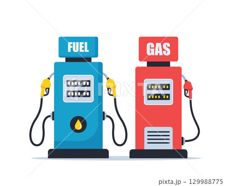 Gas or petrol station. Gas station pump with fuel nozzle of petrol pump. Gasoline, oil, fuel, diesel pump. Vector illustration. Gas or petrol station. Gas station pump with fuel nozzle of petrol pump. Gasoline, oil, fuel, diesel pump. Vector illustration. 129988775