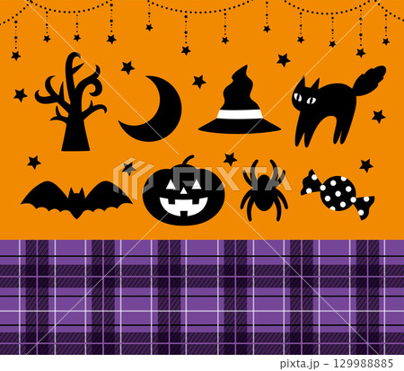 ハロウィンの黒いアイコンと紫のチェック柄 129988885
