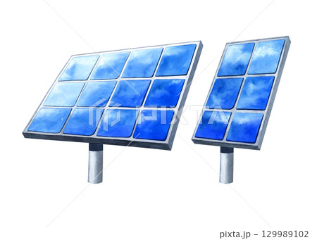 Solar battery PV panel clip art watercolor. Alternative generator energy isolated illustration. Concept renewable green energetic resources. For web sites design, composition environmental protection 129989102