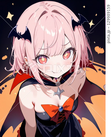 ハロウィンで吸血鬼の仮装をする女の子のイラスト 129989159