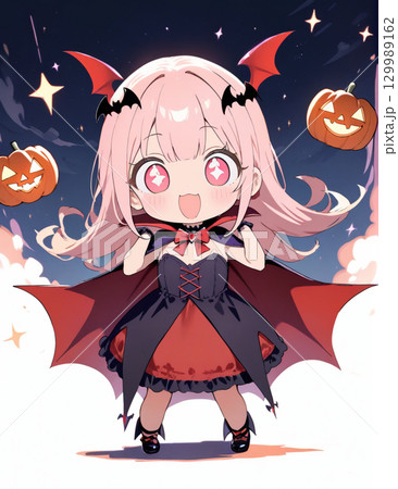 ハロウィンで吸血鬼の仮装をする女の子のイラスト 129989162