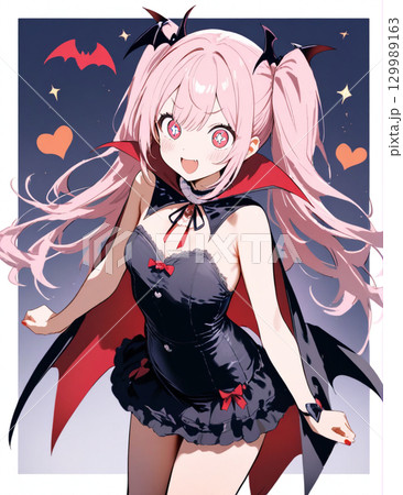 ハロウィンで吸血鬼の仮装をする女の子のイラスト 129989163