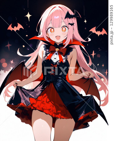 ハロウィンで吸血鬼の仮装をする女の子のイラスト 129989165