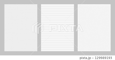 Paper notebook with grid, line, and dot. School sheets pattern on white background. Blank template for college education. 129989193