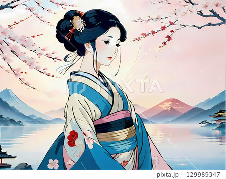 浮世絵タッチの女性 129989347