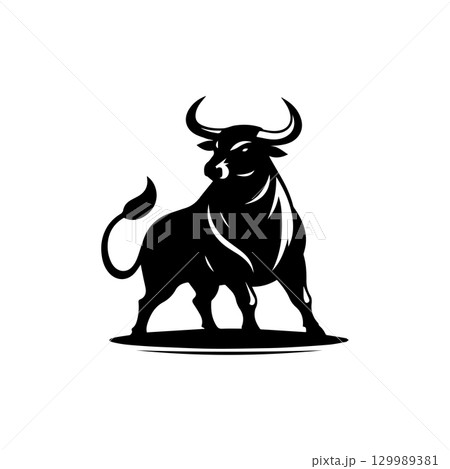 silhouette of a standing bull with tail curled up isolated on white background silhouette of a standing bull with tail curled up isolated on white background 129989381