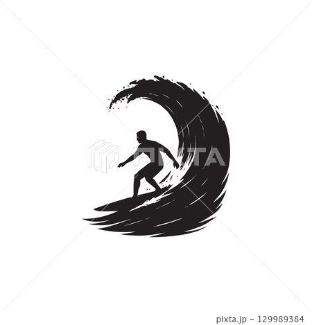 silhouette of a surfer riding a large wave isolated on white background silhouette of a surfer riding a large wave isolated on white background 129989384