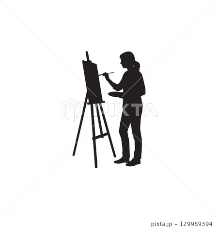 silhouette of a woman painting on a canvas using an easel isolated on white background silhouette of a woman painting on a canvas using an easel isolated on white background 129989394