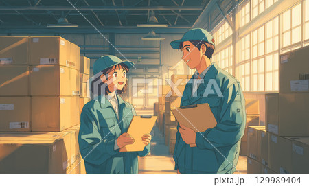 アニメ風イラスト　物流倉庫で働く男女スタッフの笑顔と作業シーン 129989404