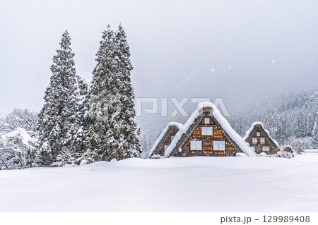 雪降る冬の白川郷　 129989408
