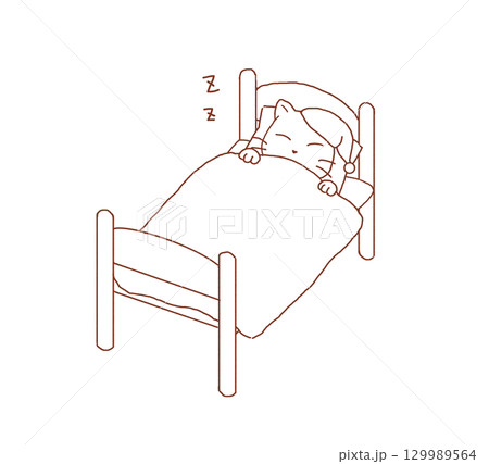 ベッドでねる猫_線画 ベッドでねる猫_線画 129989564