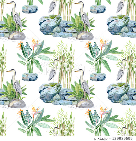 Asian style garden with a pond, wall gates, gazebo, decorative plants, watercolor illustration on blue. Hand drawn art perfect for cards, banners, posters. Korean traditional horizontal landscape clip 129989699