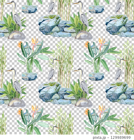 Asian style garden with a pond, wall gates, gazebo, decorative plants, watercolor illustration on blue. Hand drawn art perfect for cards, banners, posters. Korean traditional horizontal landscape clip 129989699