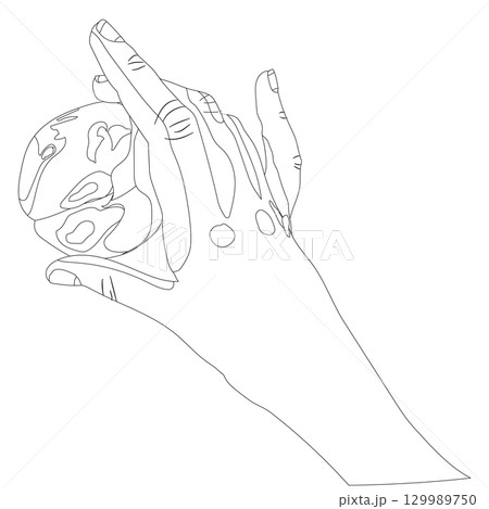 Ripe juicy peach in hand. Doodle style. Vector illustration isolated on white background. 129989750