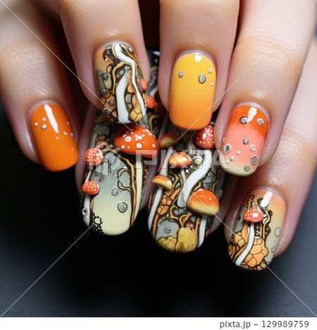 Enchanting Mushroom Nail Art Autumn-Inspired Designs with Exquisite Detail and Warm Hues 129989759