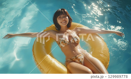 プールで遊ぶビキニの女性 プールで遊ぶビキニの女性 129989778