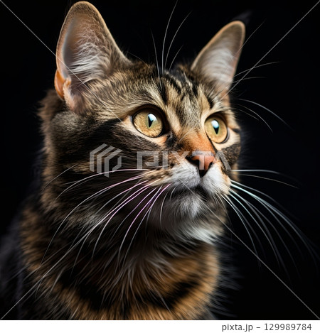 Curious Brown Tabby Cat Portrait with Striking Eyes and Whiskers on Black Backdrop. Curious Brown Tabby Cat Portrait with Striking Eyes and Whiskers on Black Backdrop. 129989784