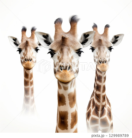 Giraffe Portraits on White Background A Collection of Wildlife Beauty and Grace, Isolated 129989789