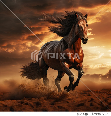 Majestic Brown Horse Galloping Through a Dramatic Landscape with Fiery Sunset Sky, Powerful Animal 129989792