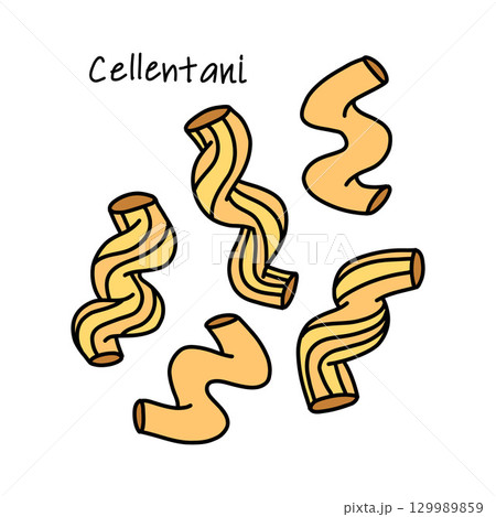 Spiral pasta cellentani, handful of italian macaroni on white background 129989859