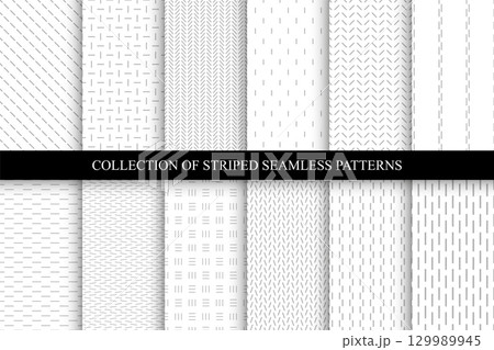 Collection of vector seamless geometric striped patterns. White and gray abstract minimalistic backgrounds with small line texture. Monochrome endless unusual prints 129989945