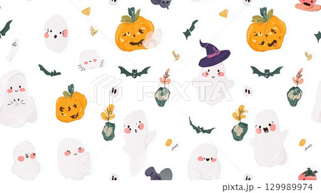 フレンドリーな幽霊たちをあしらった、甘くて不気味なハロウィンデザイン 129989974