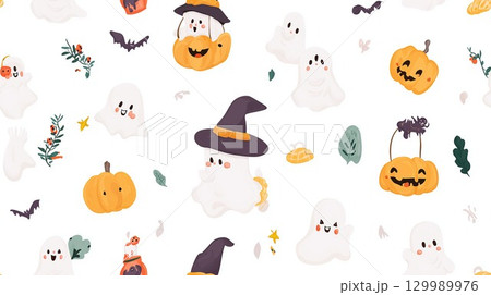 かわいいハロウィンのゴーストキャラクターとカボチャの要素 129989976
