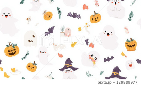 幽霊、カボチャ、コウモリが描かれた、遊び心のあるハロウィンの模様 129989977