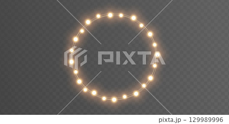 Christmas gold light circle frame. Fairy bulb banner. New Year luxury string garland. Winter party background. Led neon baubles. Festive border. Glow lamp bg. Glitter bright lamp. Vector illustration 129989996