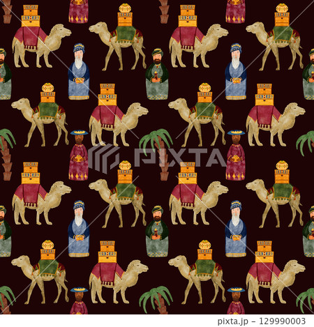 Camels, three wise men, and oriental decorative elements. Hand painted seamless watercolor Christmas pattern on black background perfect for gift wrapping, textiles, greeting cards, seasonal decor 129990003