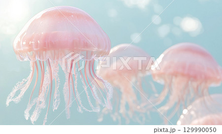 Background of jellyfishes in blue sea water. AI Generated. 129990050