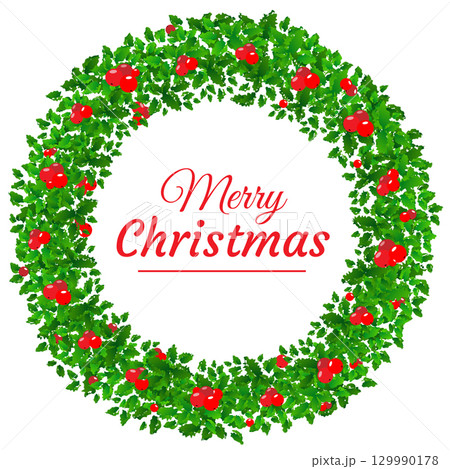 Round Christmas wreath with holly branches isolated on white. For festive design, announcements, postcards, invitations, posters. 129990178