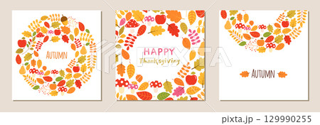 Autumn vector set with cute backgrounds, greeting cards or templates with fall leaves, mushrooms, apples and pears illustration in red, yellow, orange and brown colors with copy space for text 129990255