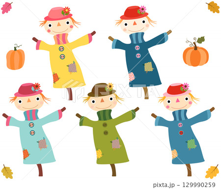 Cute autumn scarecrows with pumpkins and leaves Cute autumn scarecrows with pumpkins and leaves 129990259