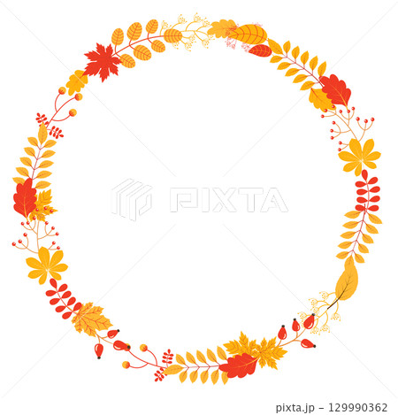 Vector fall wreath with leaves and twigs in yellow and red colors for autumn designs, greeting cards and scrapbooking Vector fall wreath with leaves and twigs in yellow and red colors for autumn designs, greeting cards and scrapbooking 129990362