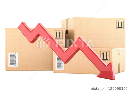 Cardboard shipping boxes with red downward arrow. Falling sales, declining demand or reduced delivery volumes. 3D rendering Cardboard shipping boxes with red downward arrow. Falling sales, declining demand or reduced delivery volumes. 3D rendering 129990393