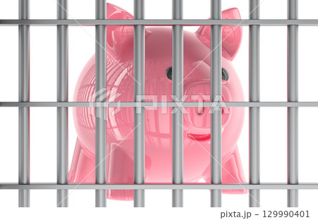 Piggy bank behind bars. Financial limitations, restricted access to money or blocked savings, concept. 3D rendering 129990401