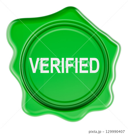 Verified, green wax seal. 3D rendering 129990407