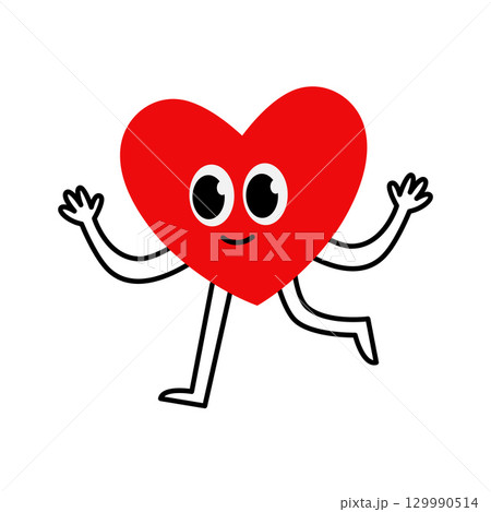 Running heart cartoon character with a smile. Happy and energetic heart on the run. 129990514