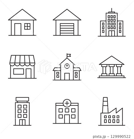 Set of various building icons. Buildings and City Infrastructure. 129990522