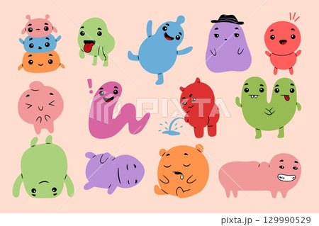 Cute monsters. Doodle creature face. Playful children kawaii animal or alien toy mascot. Color beast smile. Happy and angry comic characters. Emotion expression. Vector kids icons set 129990529