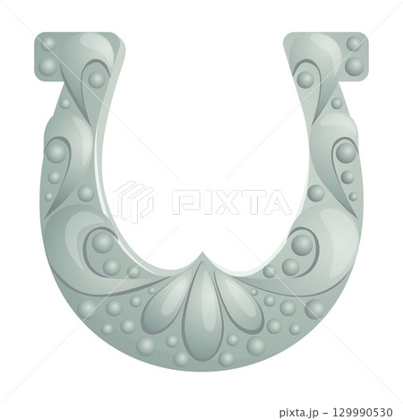 Silver horseshoe with oriental traditional ornament. Lucky symbol, western cowboy sign. Talisman design. Emblem or label. Fortune craft. Decorative icon vector cartoon isolated illustration Silver horseshoe with oriental traditional ornament. Lucky symbol, western cowboy sign. Talisman design. Emblem or label. Fortune craft. Decorative icon vector cartoon isolated illustration 129990530