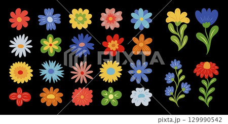 Simple flowers. Floral garden elements, top view blossoms, leaves colorful daisy plant or cute abstract wildflower leaf. Foliage doodle style, chamomile branch art. Vector cartoon icons set Simple flowers. Floral garden elements, top view blossoms, leaves colorful daisy plant or cute abstract wildflower leaf. Foliage doodle style, chamomile branch art. Vector cartoon icons set 129990542