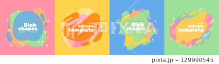 Abstract shapes. Graphic color waves, liquid gradient or fluid modern patterns. 3d line bright splash, flow frame. Decorative blobs, organic forms design template. Vector background 129990545