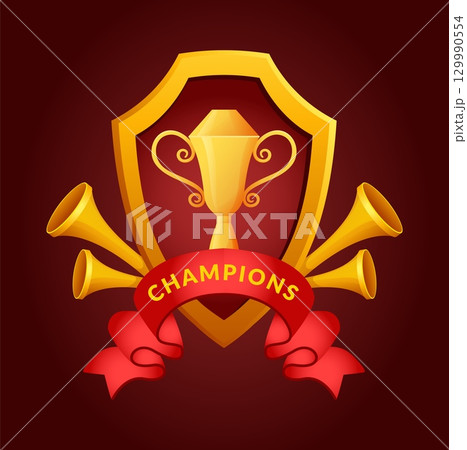 Congratulation winner card. Golden cup, gold heraldic shield and red ribbons. Success leader celebration in sport and business, quality prize, emblem design. Vector cartoon flat illustration Congratulation winner card. Golden cup, gold heraldic shield and red ribbons. Success leader celebration in sport and business, quality prize, emblem design. Vector cartoon flat illustration 129990554
