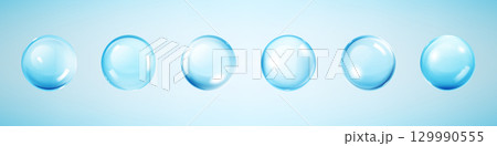 3D water ball. Glass blue drop. Transparent soap sphere droplet or white round collagen moisture serum. Clear orb reflection. Geometric glossy form. Vector abstract liquid gel shapes set 129990555