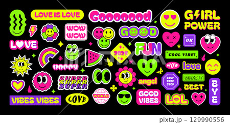 Sticker pack. Retro label. Y2K shape. Rave vibes. Smile icon or vintage star logo. Modern promo sale. Phrase lettering. Happy emoticon. Crazy emoji badges. Vector cartoon 90s stamps set 129990556