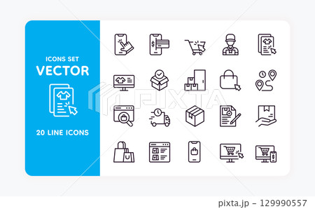 Online store icons. Order package. Web shopping. Express delivery. Computer click for buying. Purchase payment symbol. Supermarket basket app. Box shipping. Vector e-commerce sign set 129990557